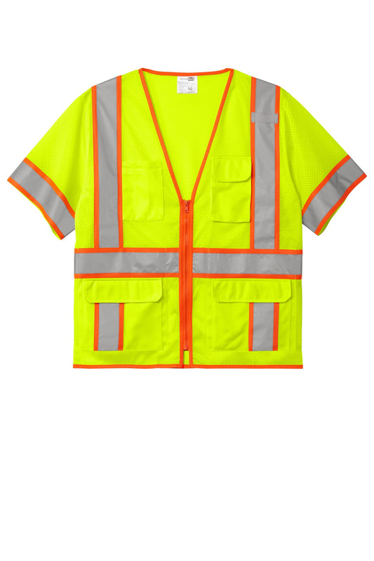 Front View of SftyYellow CornerStone ANSI 107 Class 3 Surveyor Mesh Zippered Two-Tone Short Sleeve Vest. CSV106