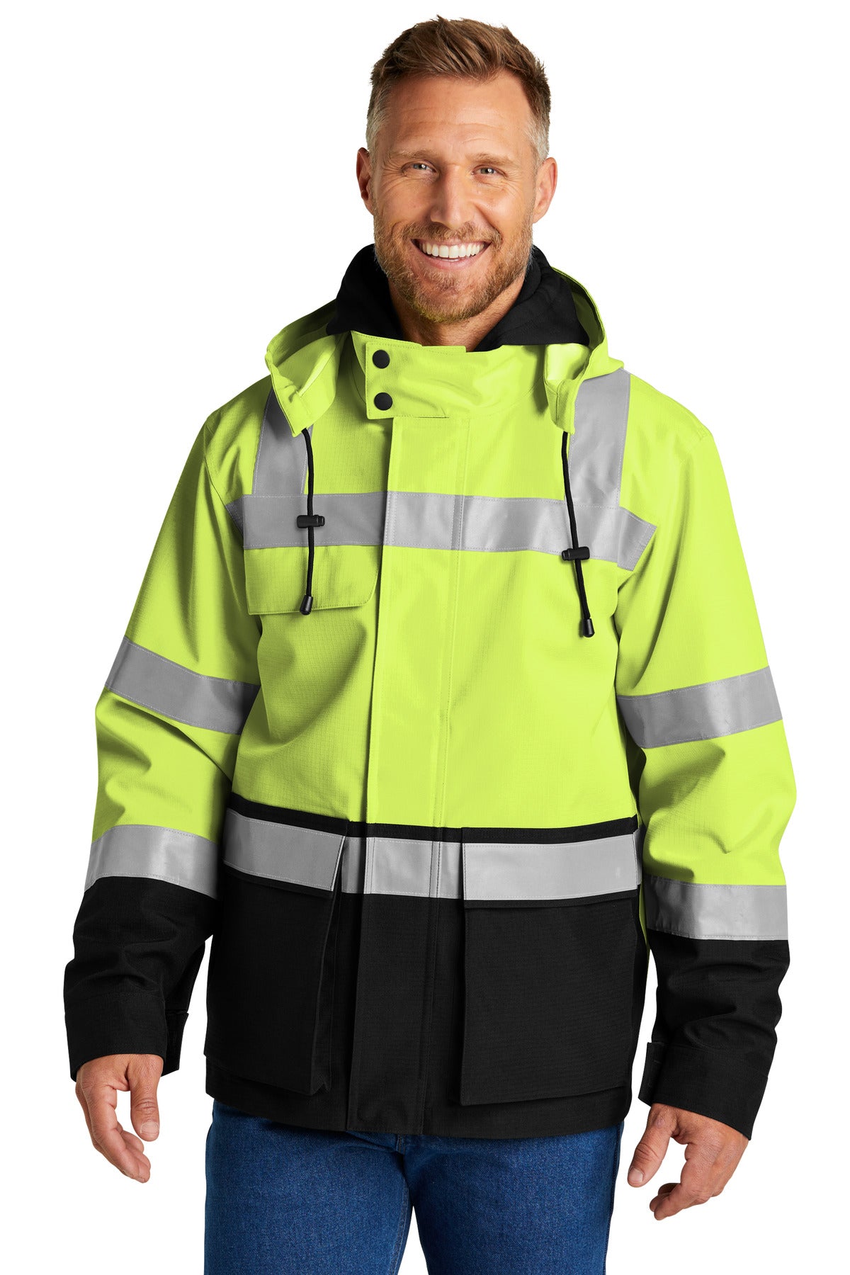 Front View of SftyYellow CornerStone ANSI 107 Class 3 Waterproof Ripstop 3-In-1 Parka CSJ502