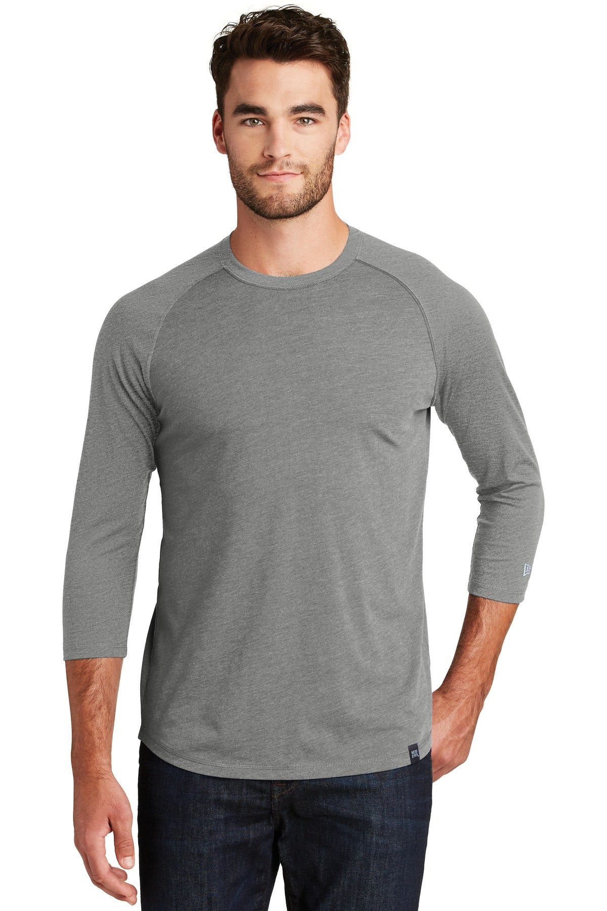 Front View of Shadow Grey He New Era Heritage Blend 3/4-Sleeve Baseball Raglan Tee. NEA104