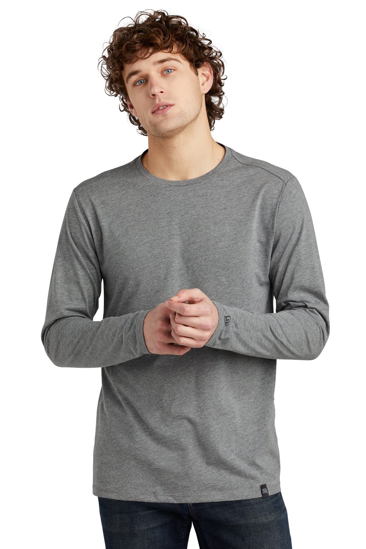 Front View of Shadow Grey He New Era Heritage Blend Long Sleeve Crew Tee. NEA102