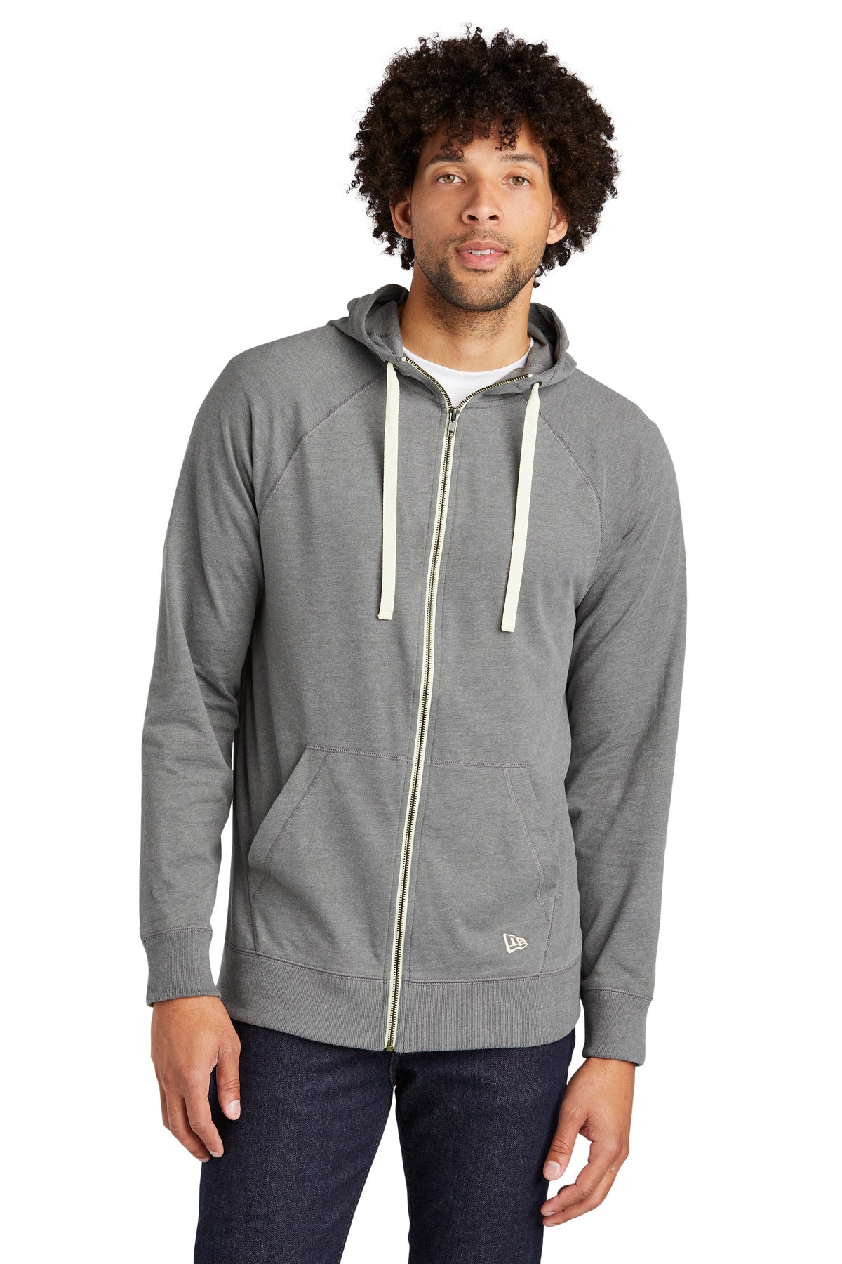 Front View of Shadow Grey He New Era Sueded Cotton Blend Full-Zip Hoodie. NEA122