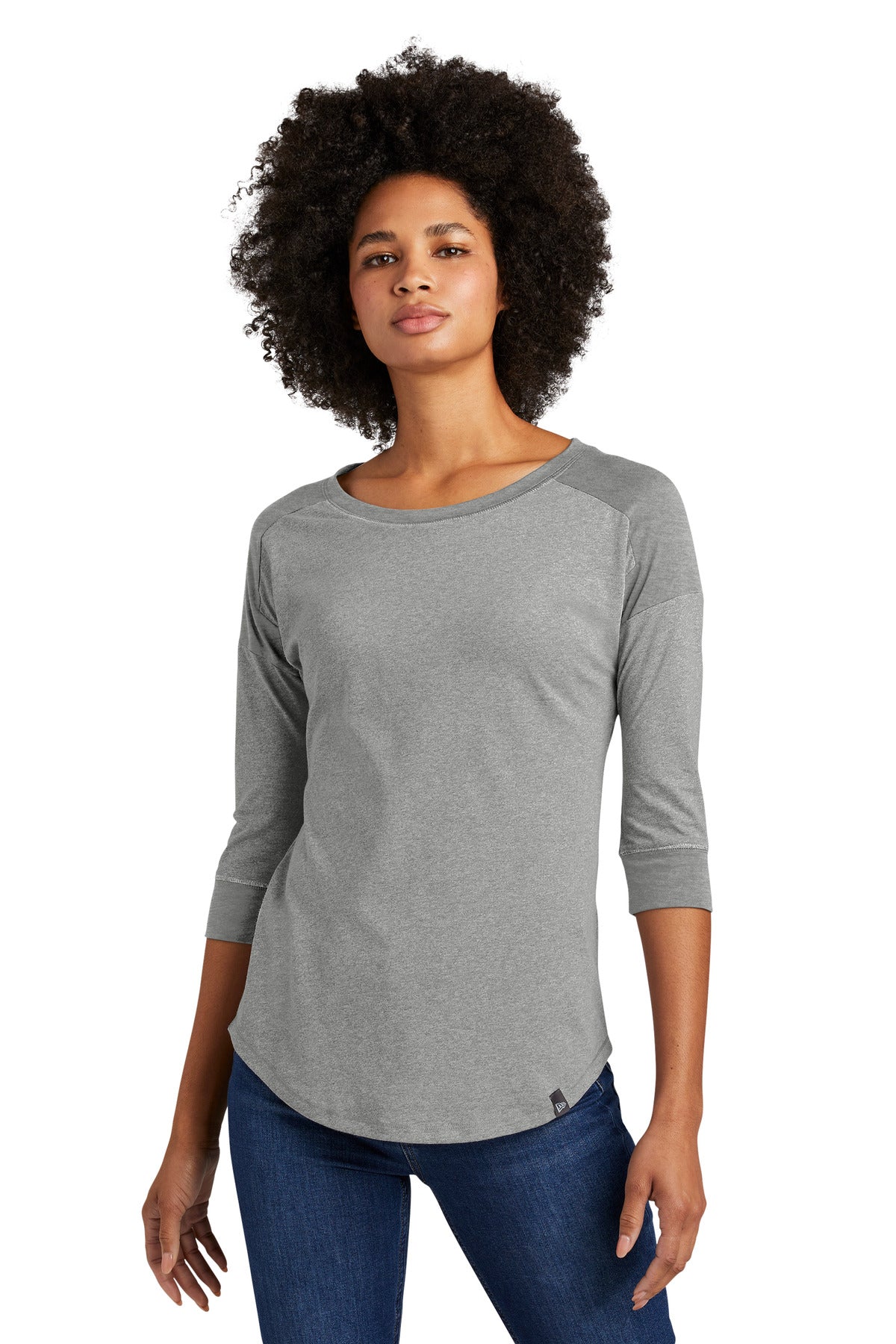 Front View of Shadow Grey He New Era Women's Heritage Blend 3/4-Sleeve Baseball Raglan Tee. LNEA104