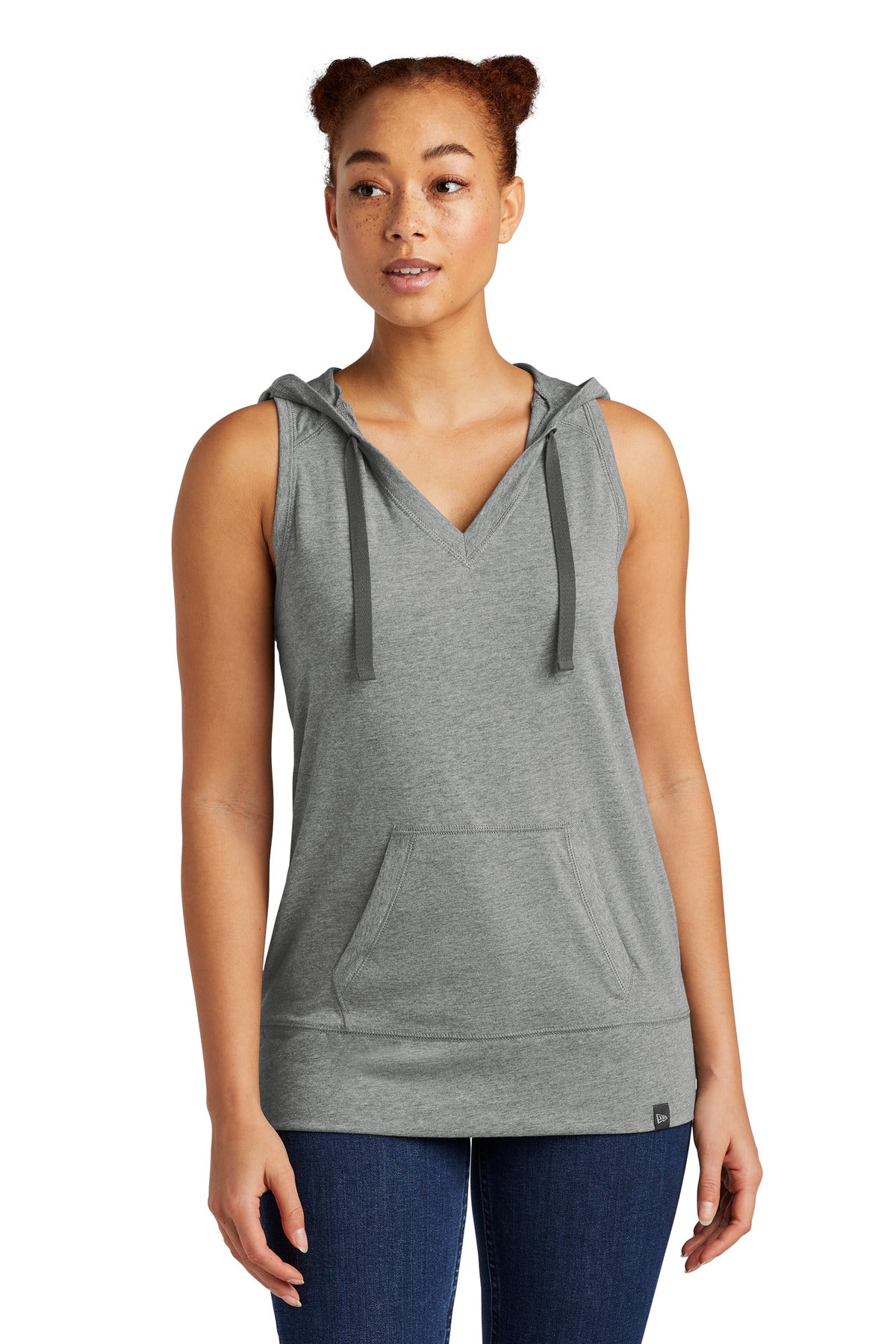 Front View of Shadow Grey He New Era Women's Heritage Blend Hoodie Tank. LNEA106