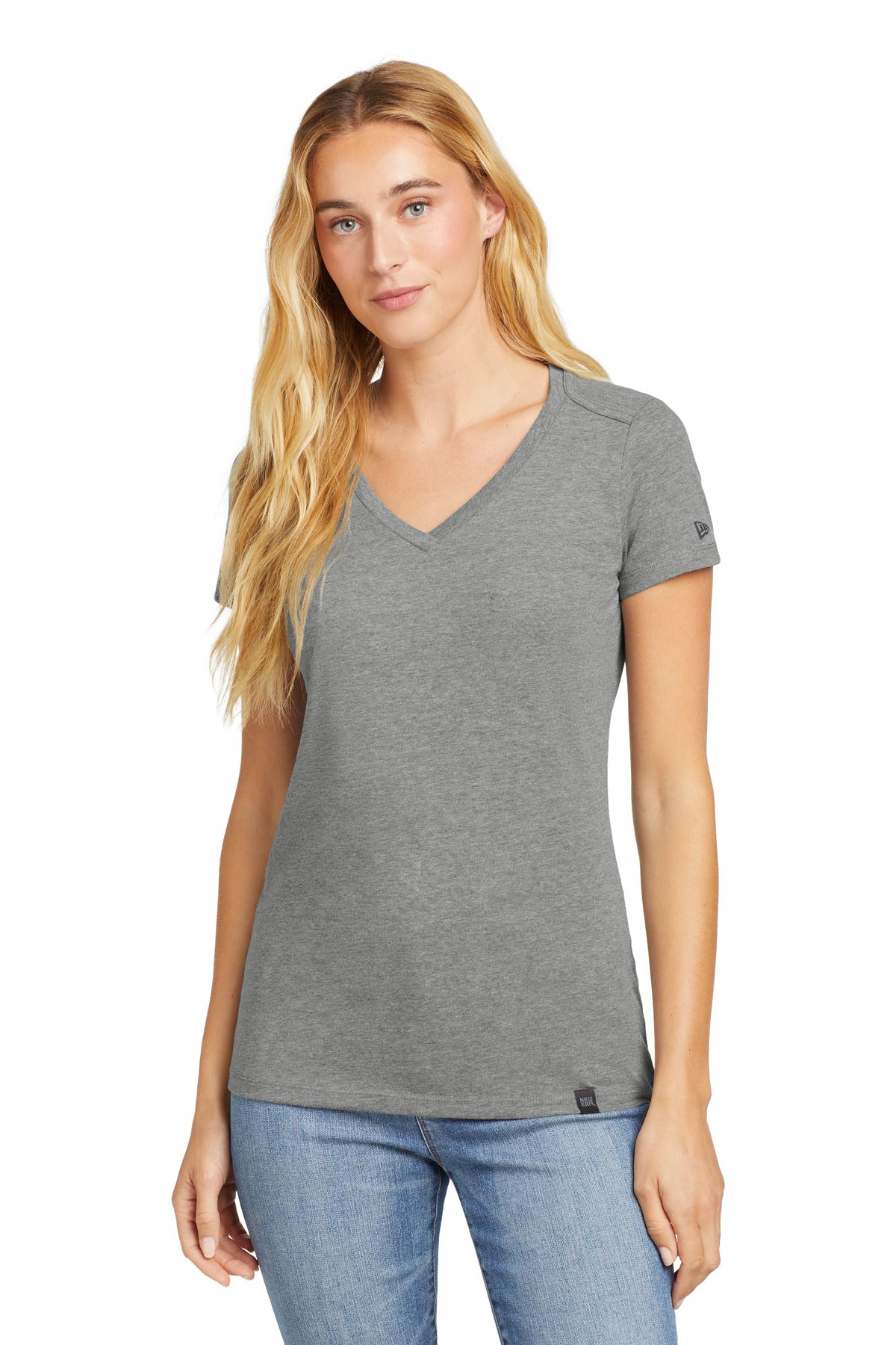 Front View of Shadow Grey He New Era Women's Heritage Blend V-Neck Tee. LNEA101