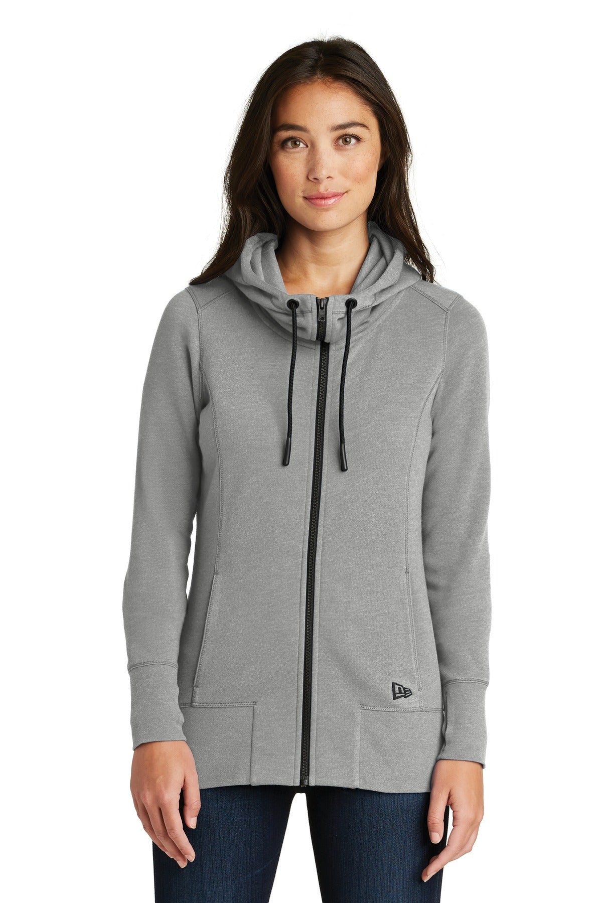 Front View of Shadow Grey He New Era Women's Tri-Blend Fleece Full-Zip Hoodie. LNEA511