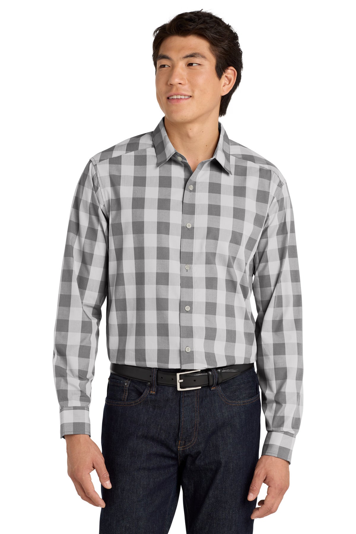 Front View of Shadow Grey Port Authority Everyday Plaid Shirt. W670