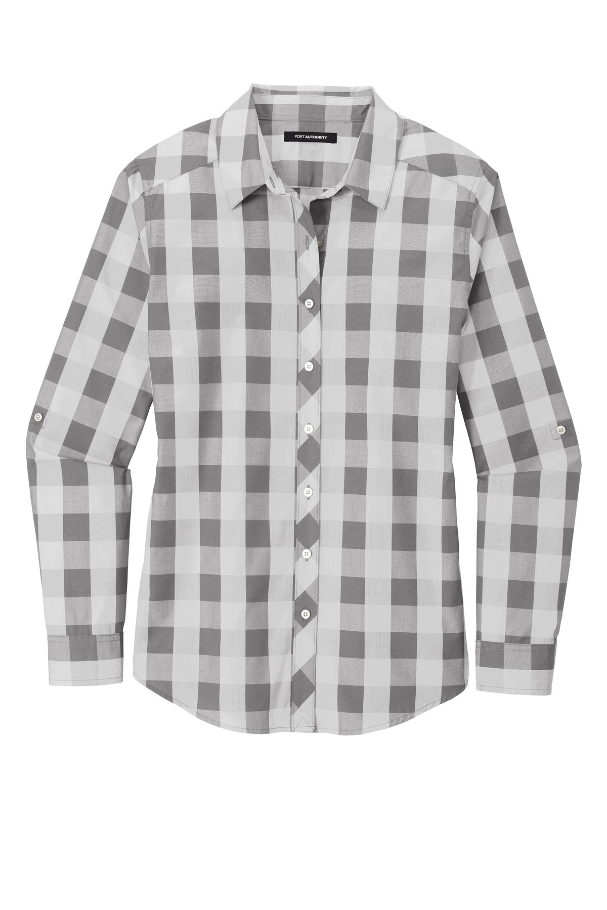 Front View of Shadow Grey Port Authority Women's Everyday Plaid Shirt. LW670