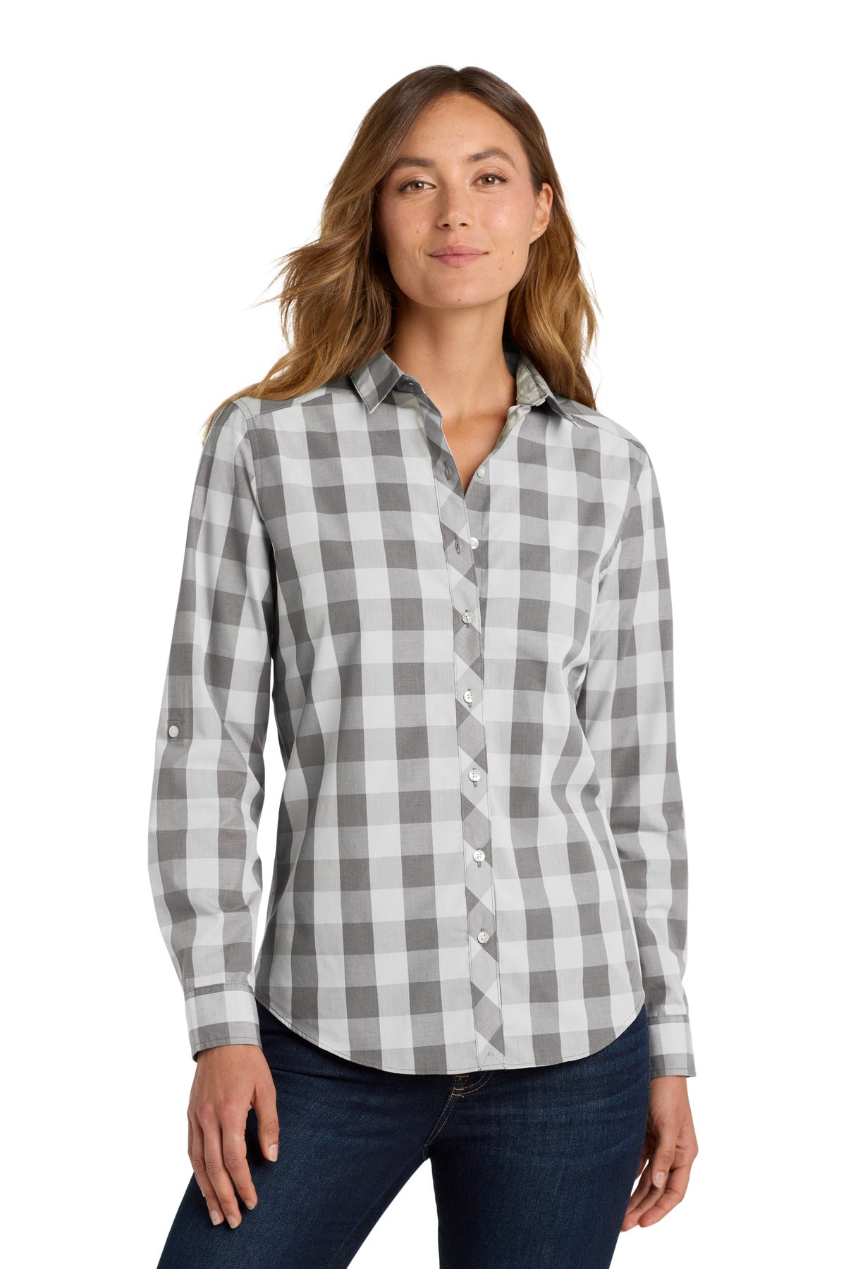 Front View of Shadow Grey Port Authority Women's Everyday Plaid Shirt. LW670