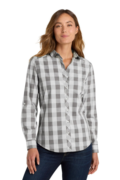 Front View of Shadow Grey Port Authority Women's Everyday Plaid Shirt. LW670