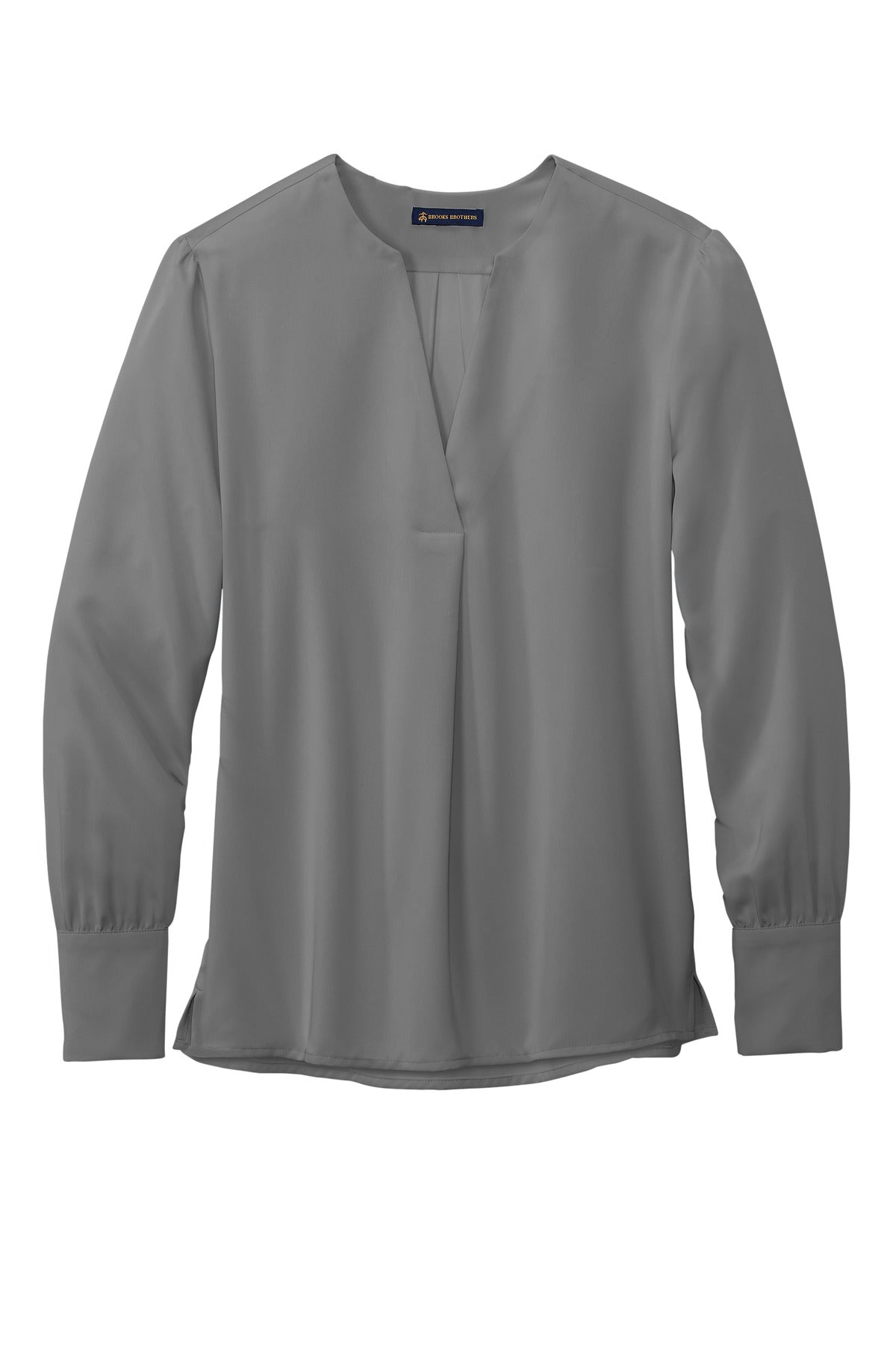 Front View of ShadowGrey Brooks Brothers Women's Open-Neck Satin Blouse BB18009