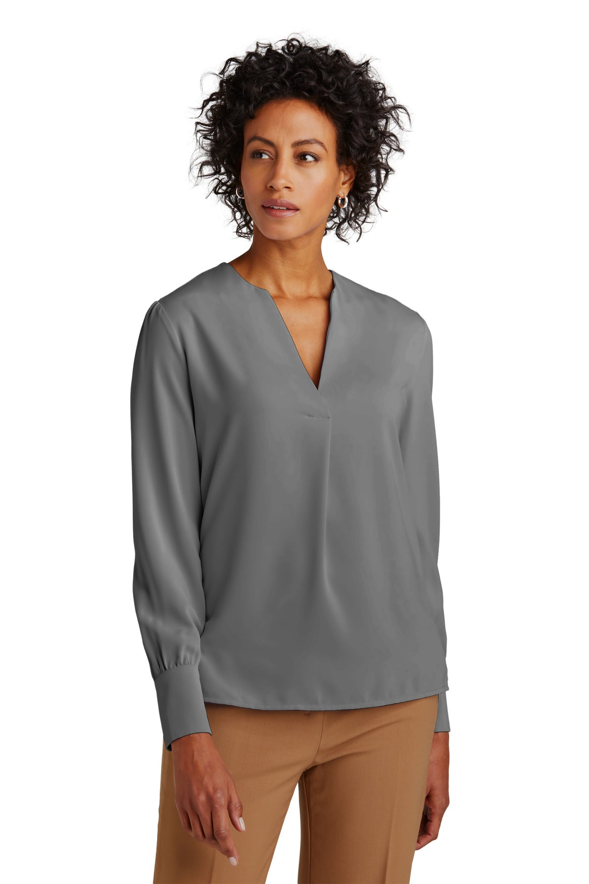 Front View of ShadowGrey Brooks Brothers Women's Open-Neck Satin Blouse BB18009