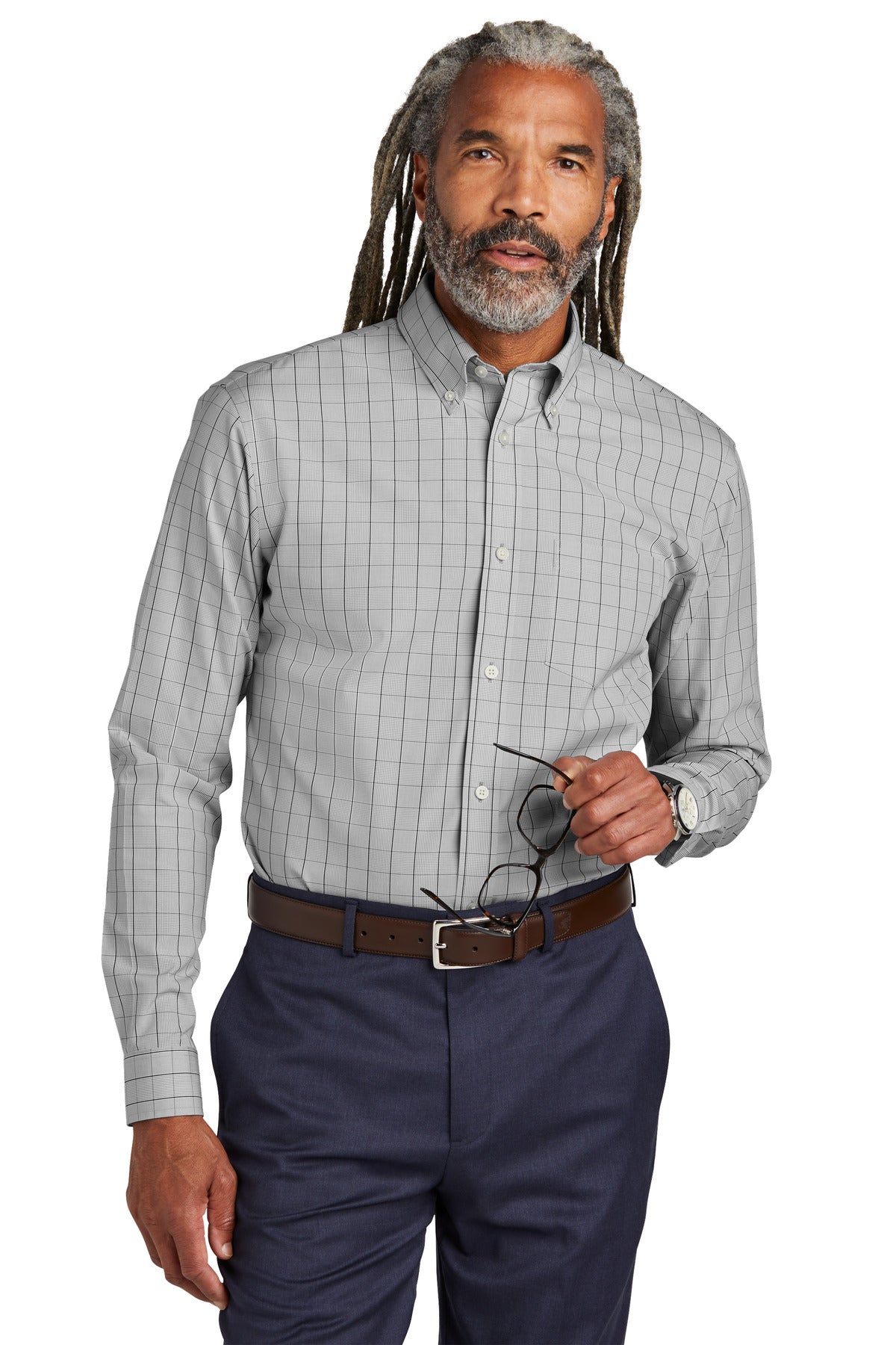 Front View of ShadowGrey Brooks Brothers Wrinkle-Free Stretch Patterned Shirt BB18008