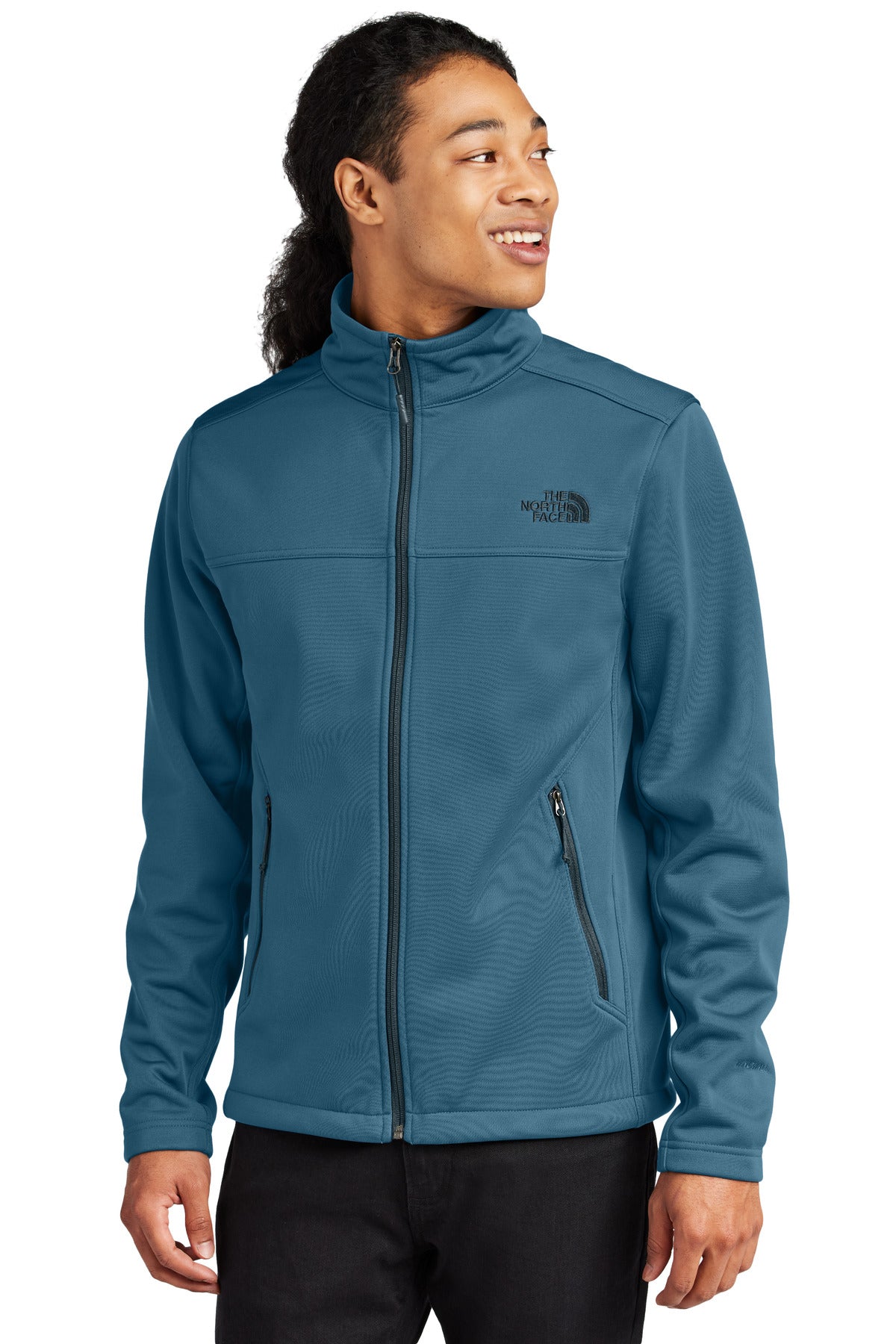 Front View of ShadyBlue The North Face Chest Logo Ridgewall Soft Shell Jacket NF0A88D5