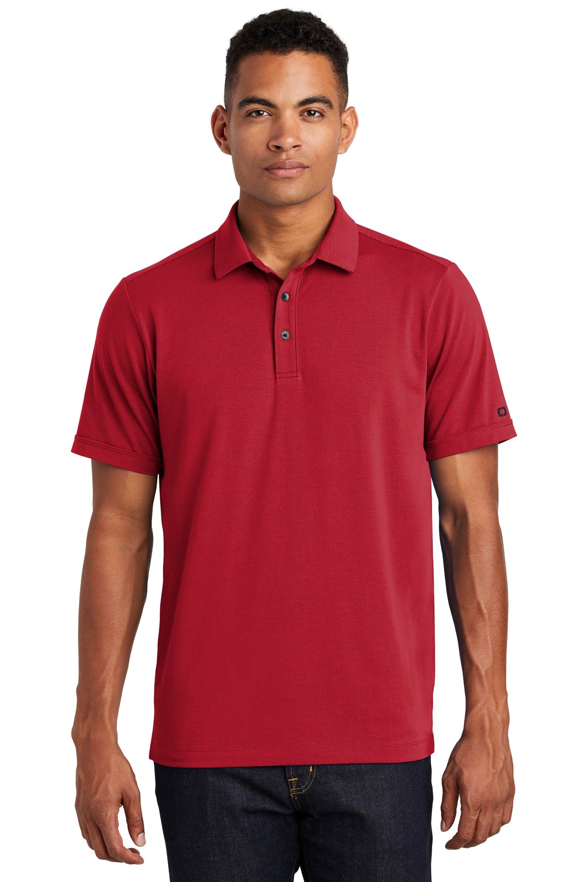 Front View of Signal Red OGIO Limit Polo. OG138