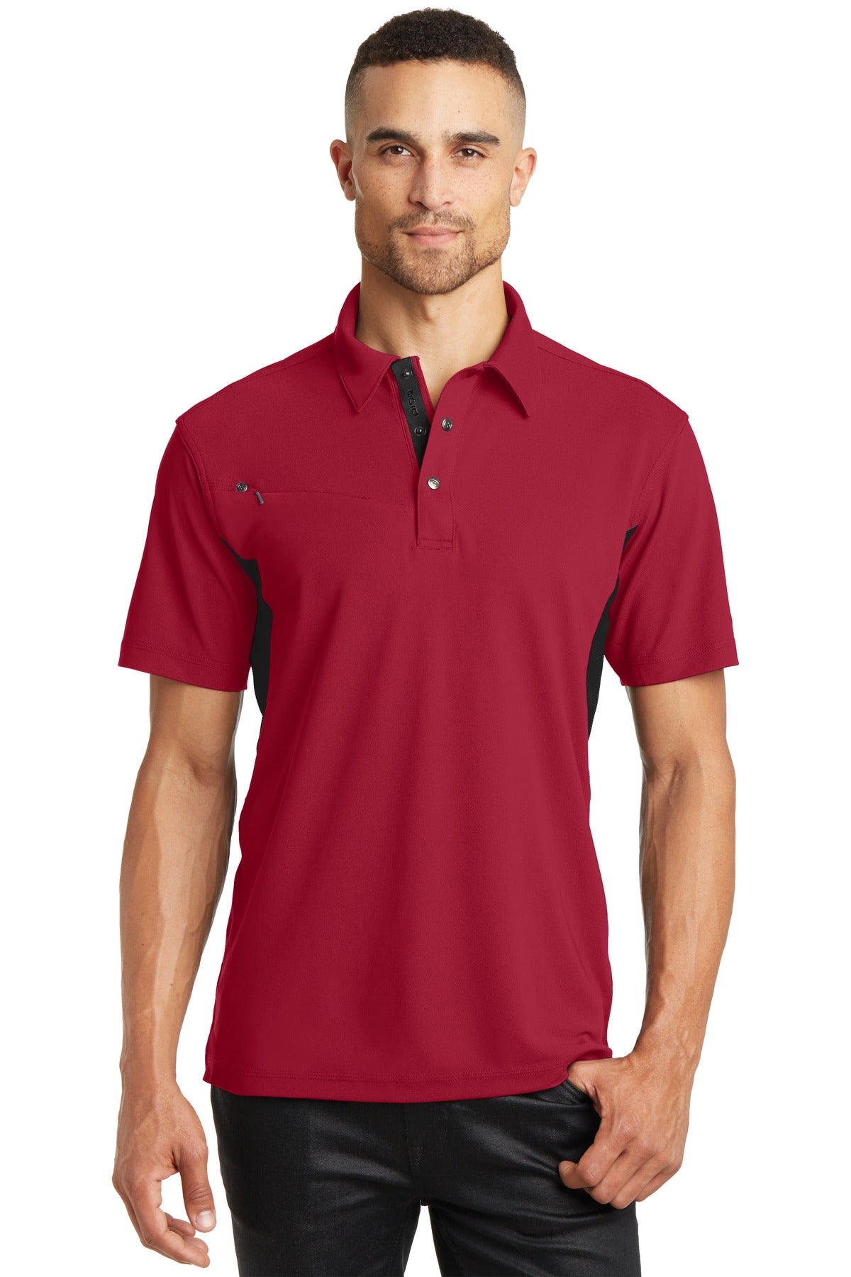 Front View of Signal Red/Bkt OGIO - Accelerator Polo. OG102
