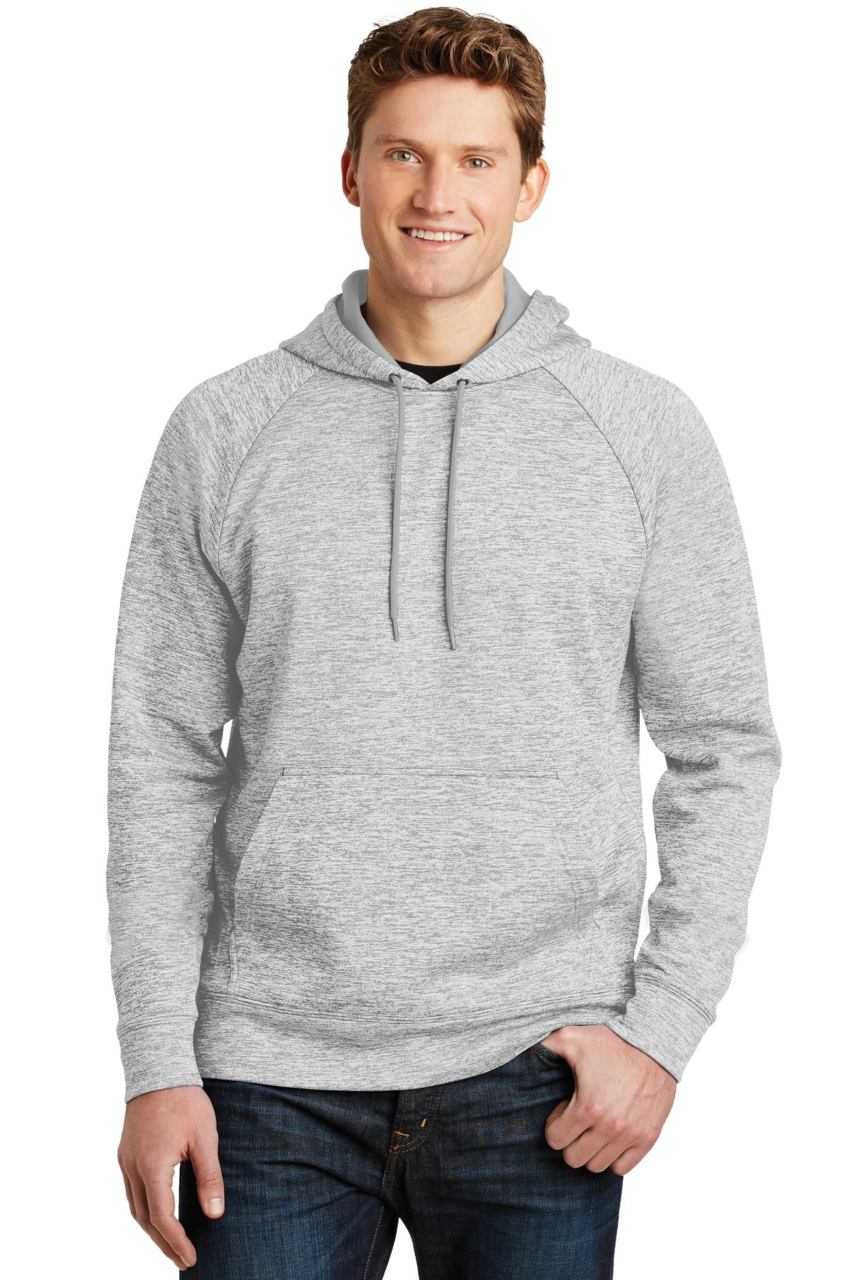 Front View of Silver Electrc Sport-Tek PosiCharge Electric Heather Fleece Hooded Pullover. ST225