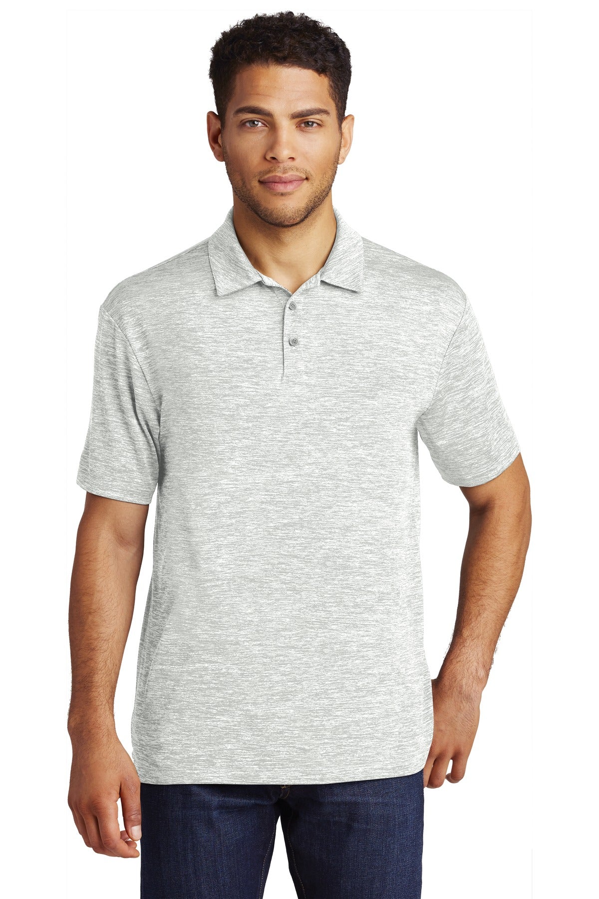 Front View of Silver Electrc Sport-Tek PosiCharge Electric Heather Polo. ST590