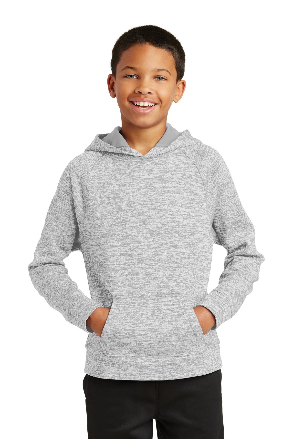 Front View of Silver Electrc Sport-Tek Youth PosiCharge Electric Heather Fleece Hooded Pullover. YST225
