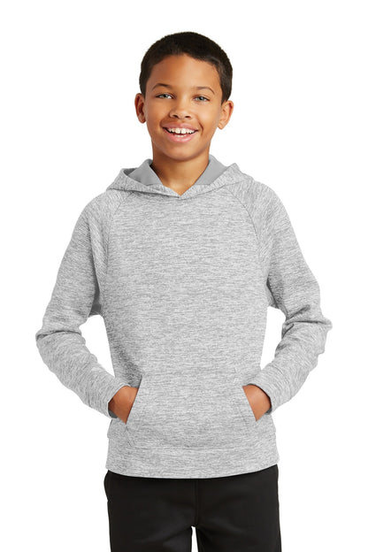 Front View of Silver Electrc Sport-Tek Youth PosiCharge Electric Heather Fleece Hooded Pullover. YST225