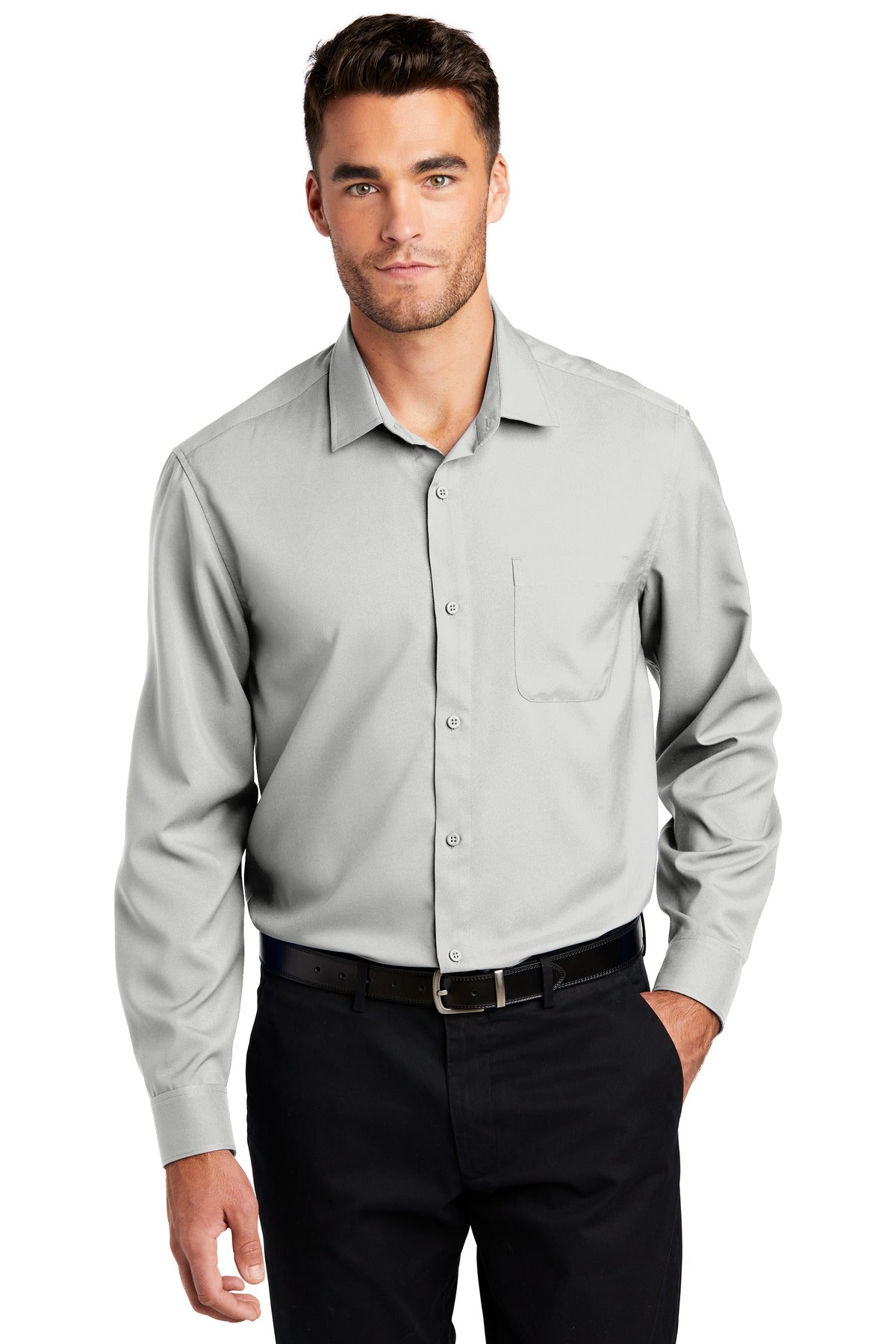 Front View of Silver Port Authority Long Sleeve Performance Staff Shirt W401