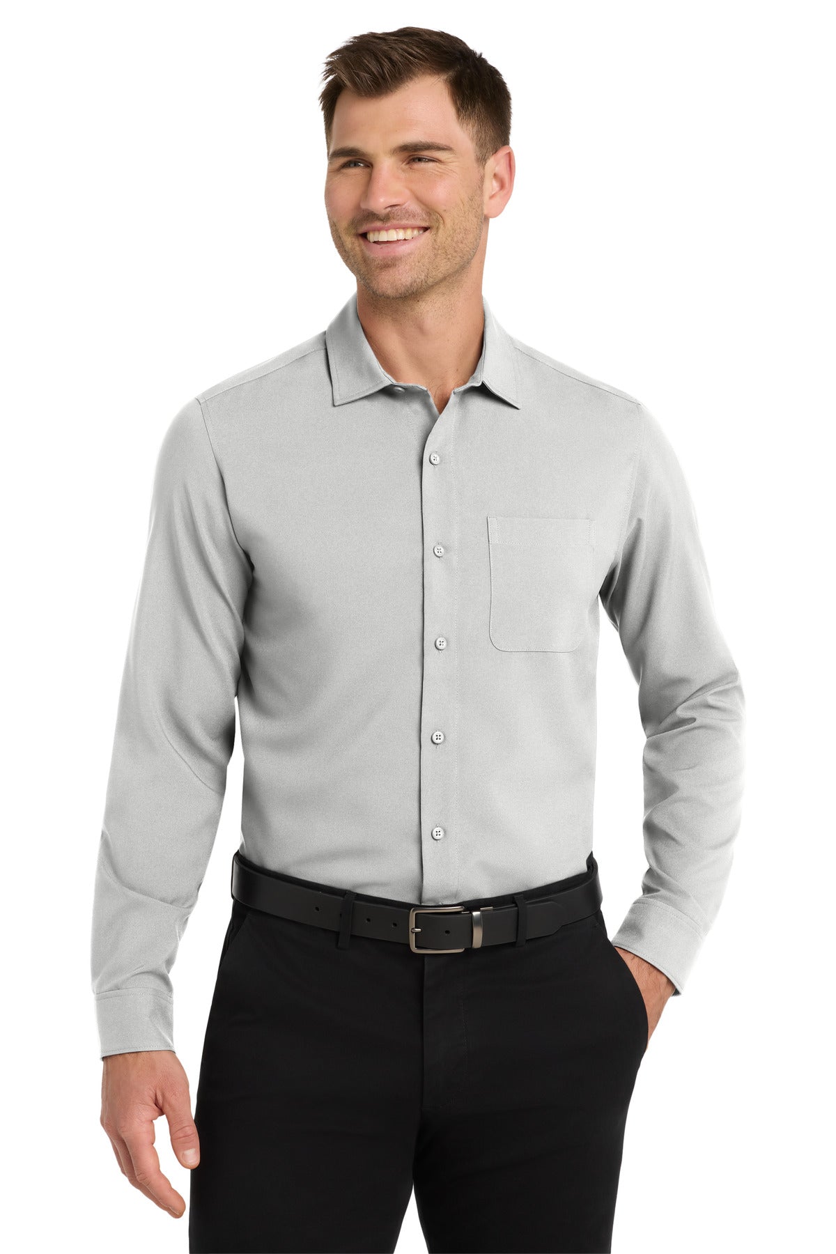 Front View of Silver Port Authority Long Sleeve Performance Staff Shirt W401