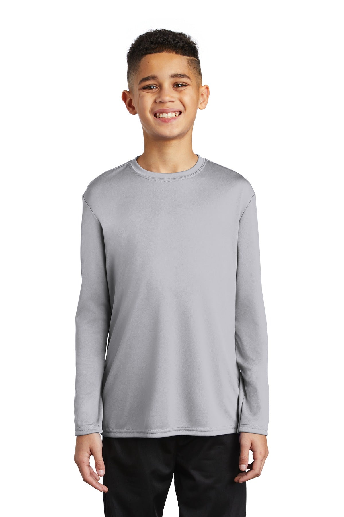 Front View of Silver Port & Company Youth Long Sleeve Performance Tee PC380YLS