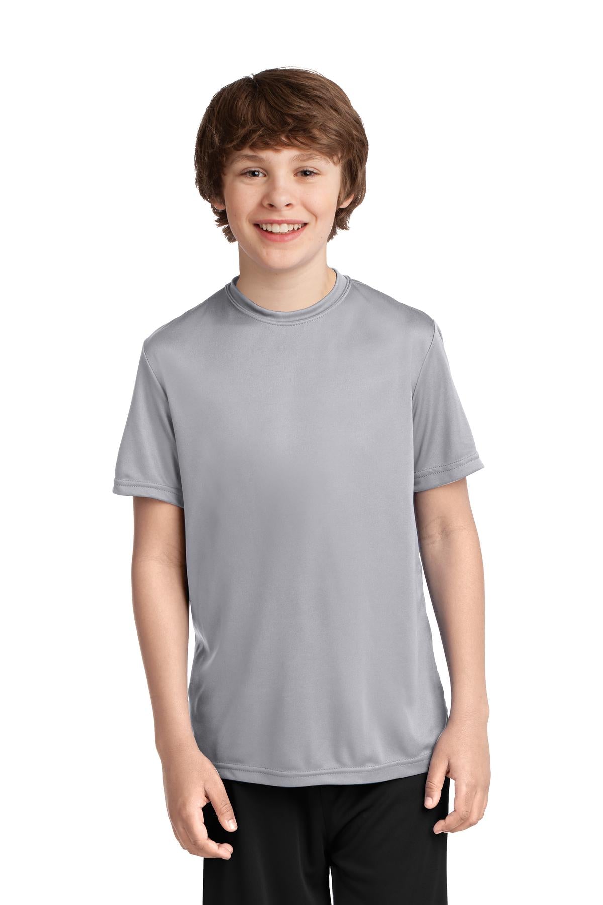 Front View of Silver Port & Company Youth Performance Tee. PC380Y