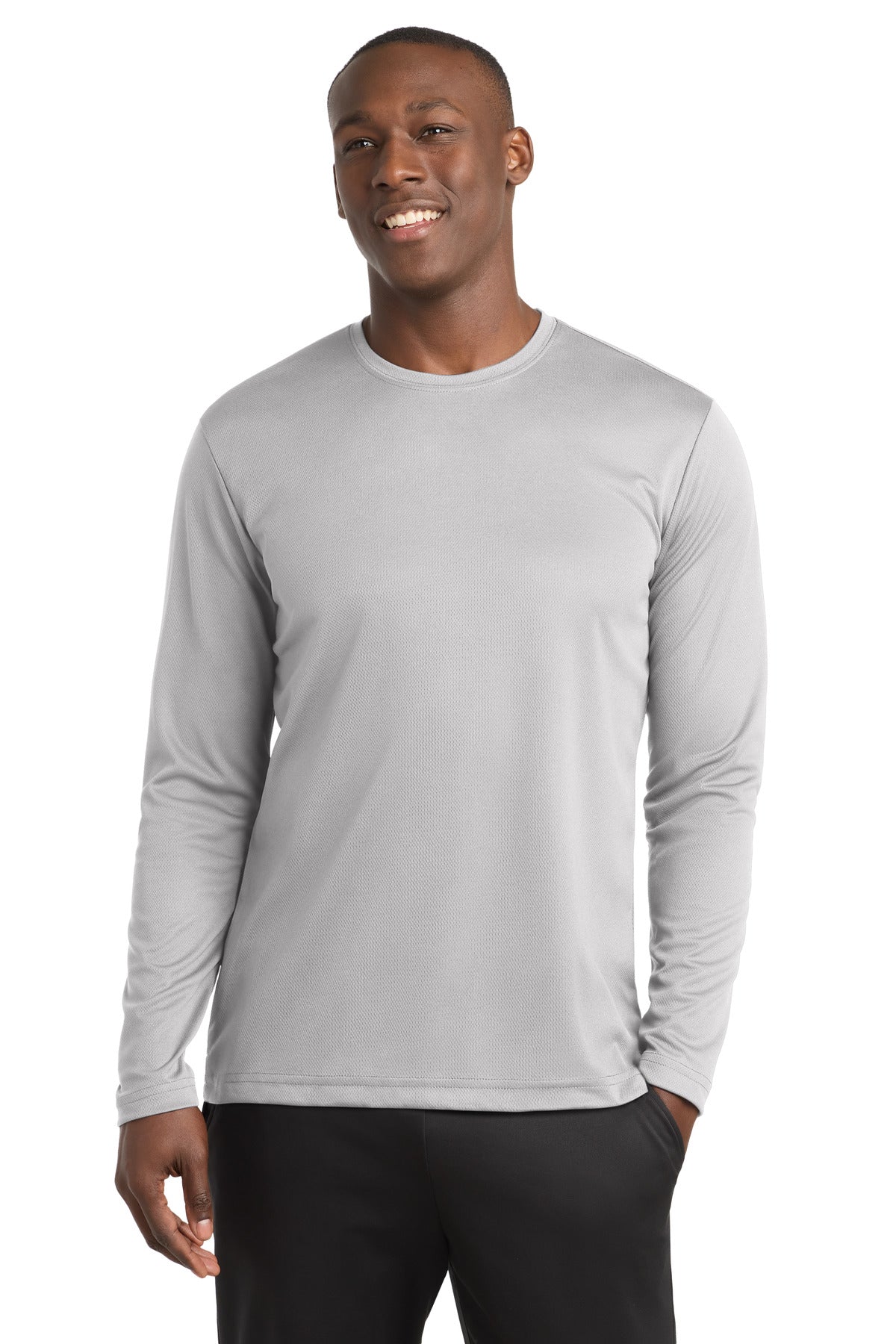 Front View of Silver Sport-Tek PosiCharge RacerMesh Long Sleeve Tee. ST340LS
