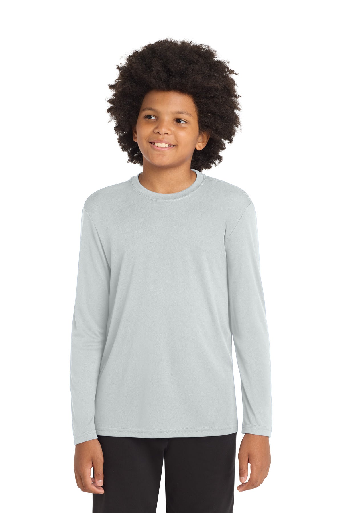 Front View of Silver Sport-Tek Youth Long Sleeve PosiCharge Competitor Tee. YST350LS
