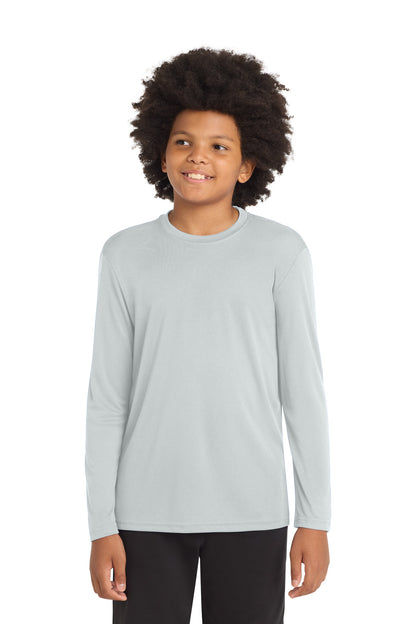 Front View of Silver Sport-Tek Youth Long Sleeve PosiCharge Competitor Tee. YST350LS