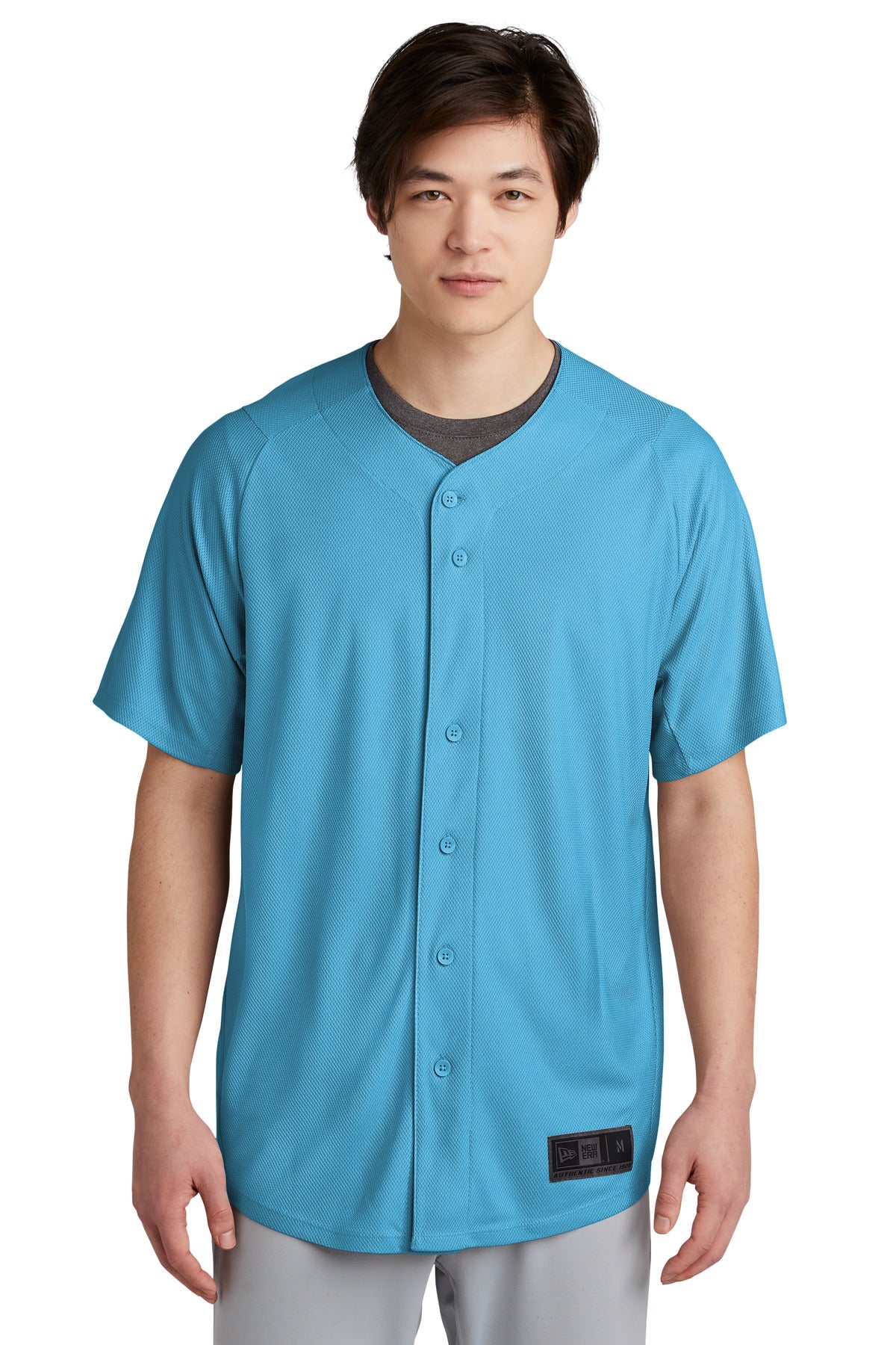 Front View of Sky Blue New Era Diamond Era Full-Button Jersey. NEA220