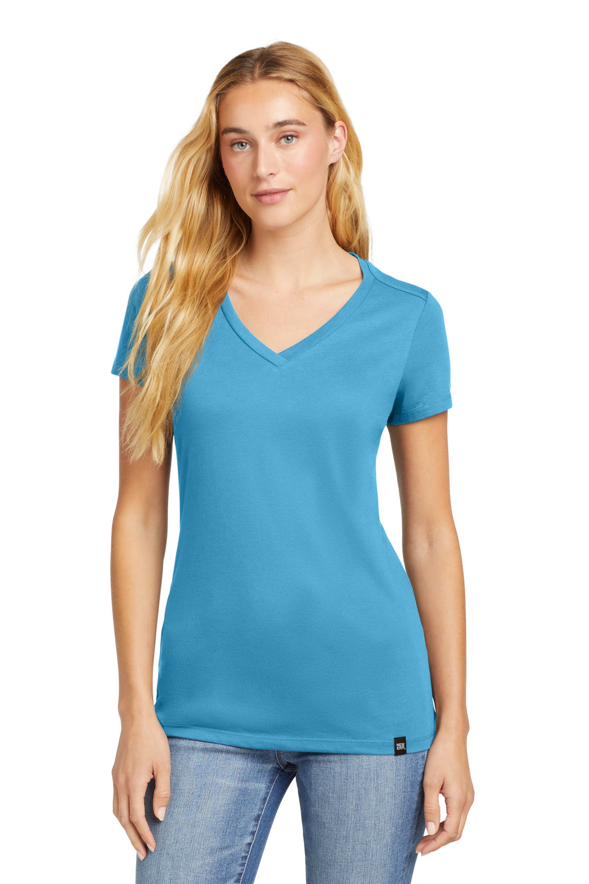 Front View of Sky Blue New Era Women's Heritage Blend V-Neck Tee. LNEA101