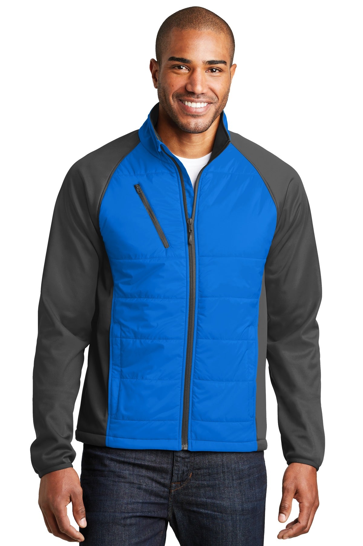 Front View of Skydvr Bl/GySt Port Authority Hybrid Soft Shell Jacket. J787