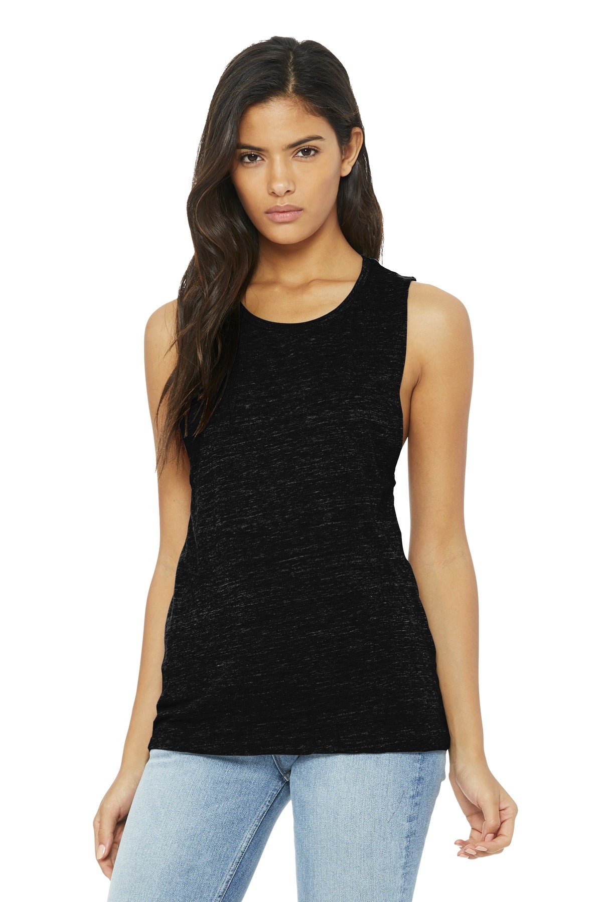 Front View of Sld Black Slub BELLA+CANVAS Women's Flowy Scoop Muscle Tank. BC8803