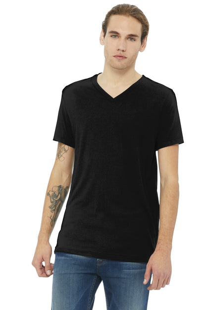 Front View of Sld Black TB BELLA+CANVAS Unisex Triblend Short Sleeve V-Neck Te. BC3415