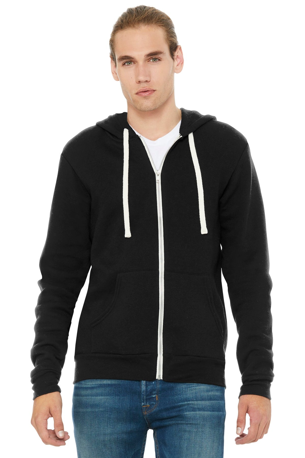 Front View of Sld Black TB BELLA+CANVAS Unisex Triblend Sponge Fleece Full-Zip Hoodie. BC3909