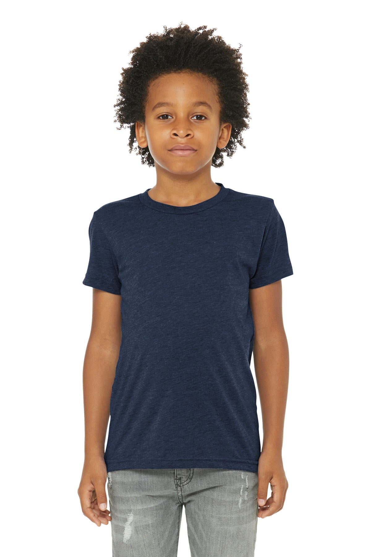 Front View of Sld Navy Tb BELLA+CANVAS Youth Triblend Short Sleeve Tee. BC3413Y