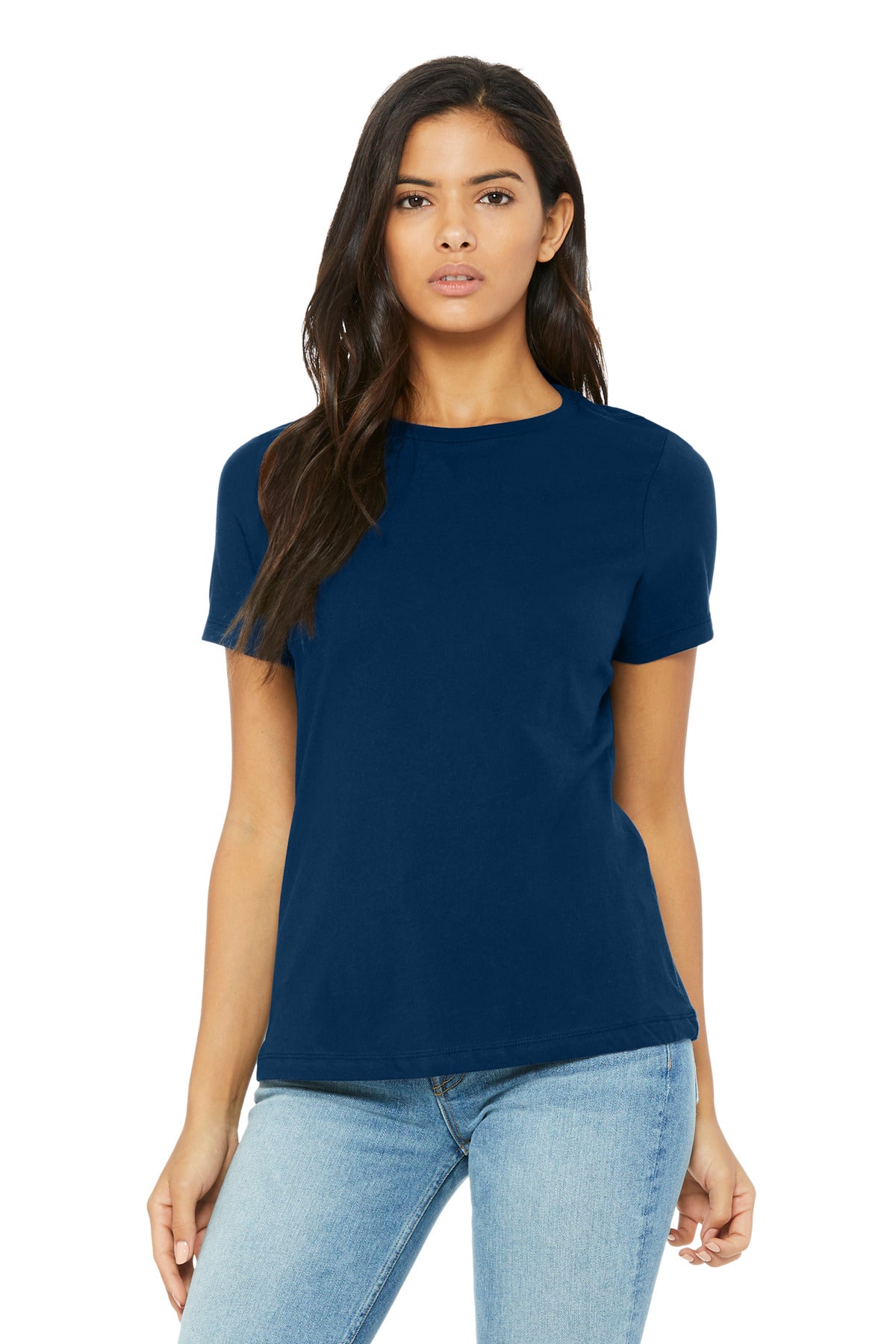 Front View of SldNavyTB BELLA+CANVAS Women's Relaxed Triblend Tee BC6413