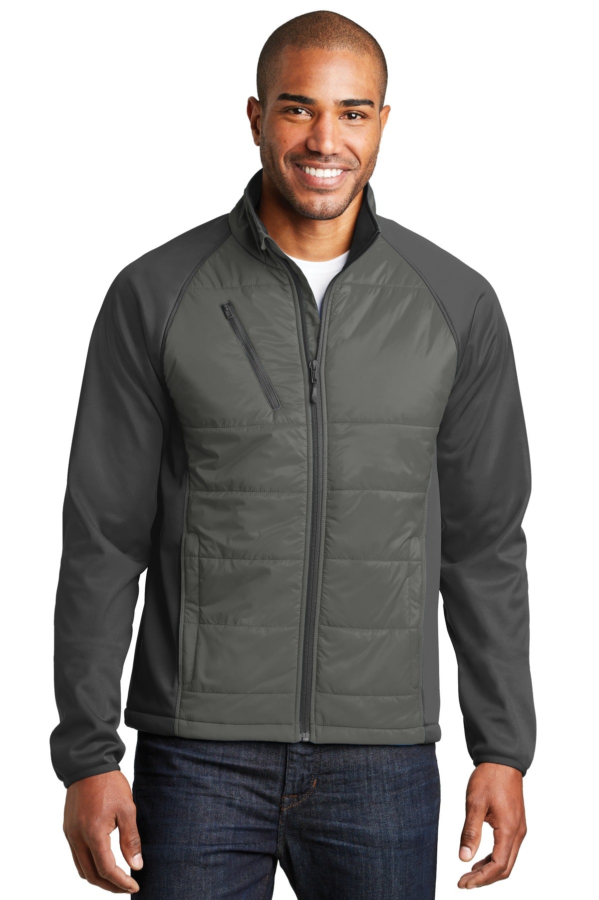 Front View of Smoke Gy/Gy St Port Authority Hybrid Soft Shell Jacket. J787