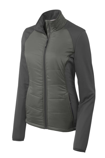 Front View of Smoke Gy/Gy St Port Authority Women's Hybrid Soft Shell Jacket. L787
