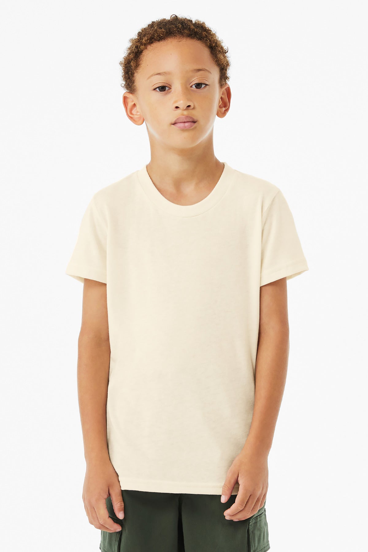 Front View of SNaturalTb BELLA+CANVAS Youth Triblend Short Sleeve Tee. BC3413Y
