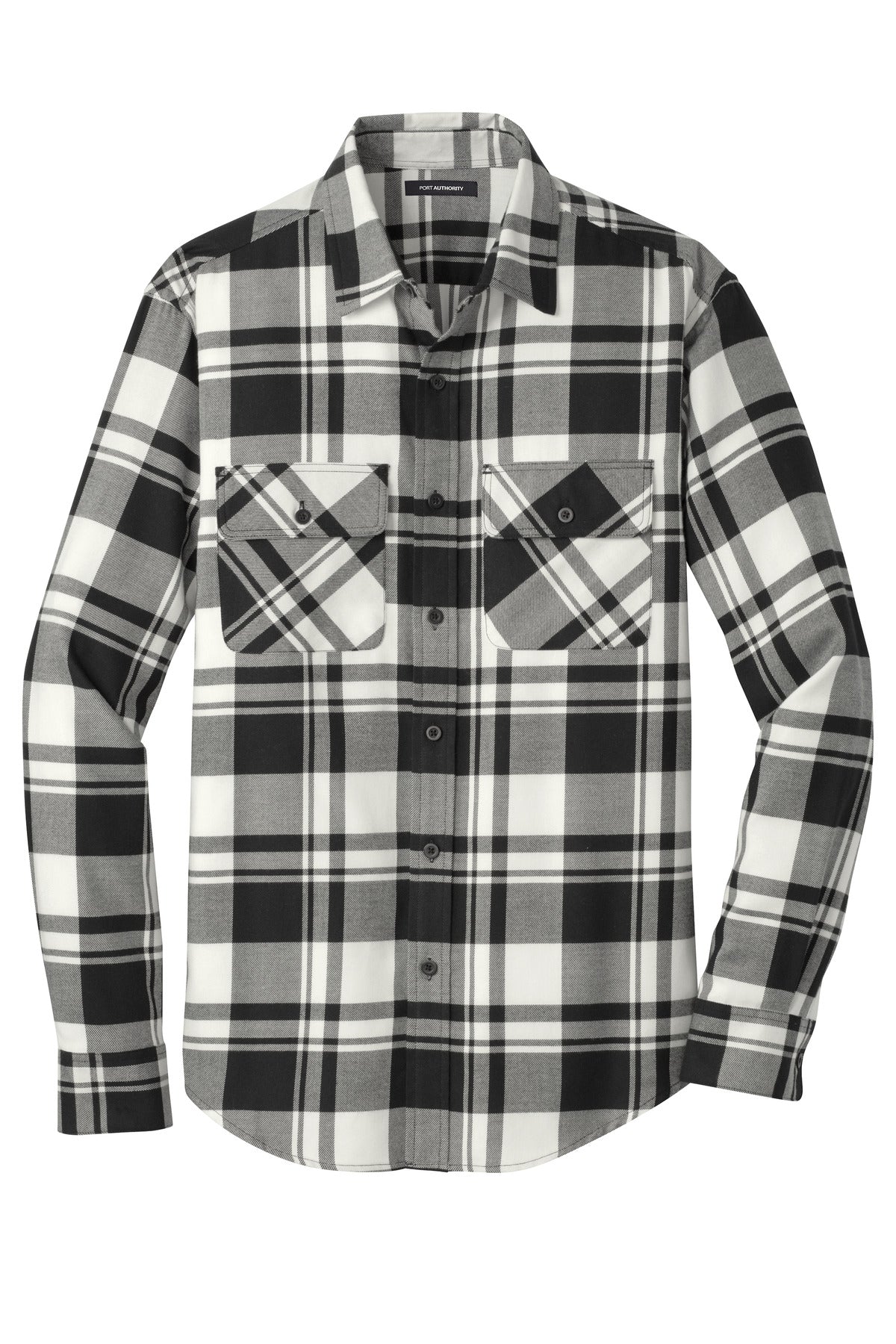 Front View of Snow White/Blk Port Authority Plaid Flannel Shirt. W668