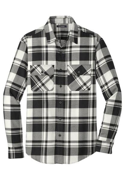 Front View of Snow White/Blk Port Authority Plaid Flannel Shirt. W668
