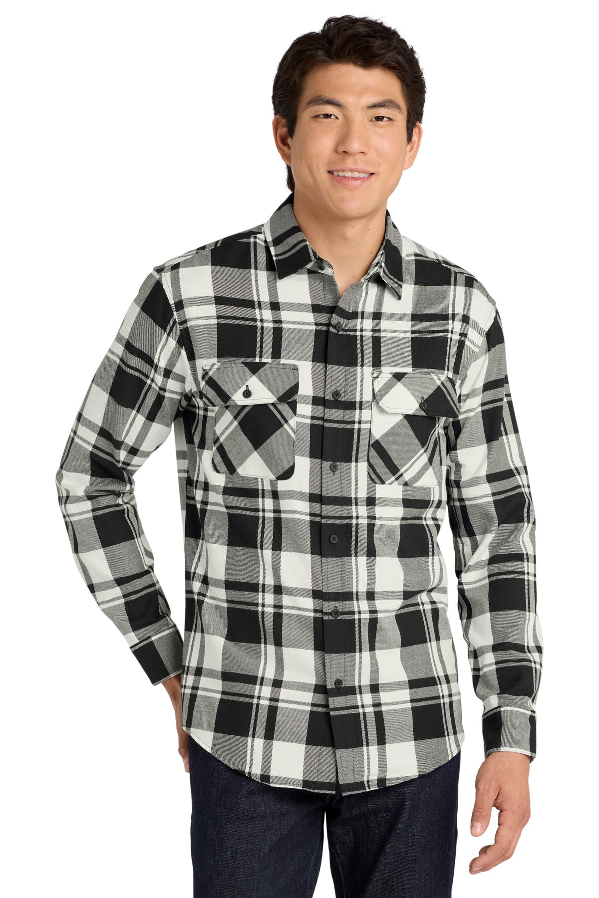 Front View of Snow White/Blk Port Authority Plaid Flannel Shirt. W668
