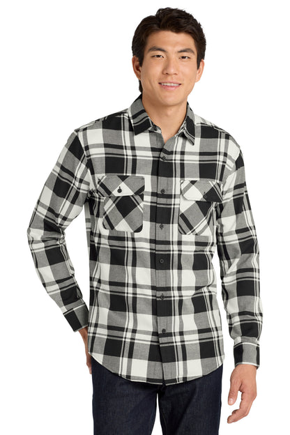 Front View of Snow White/Blk Port Authority Plaid Flannel Shirt. W668