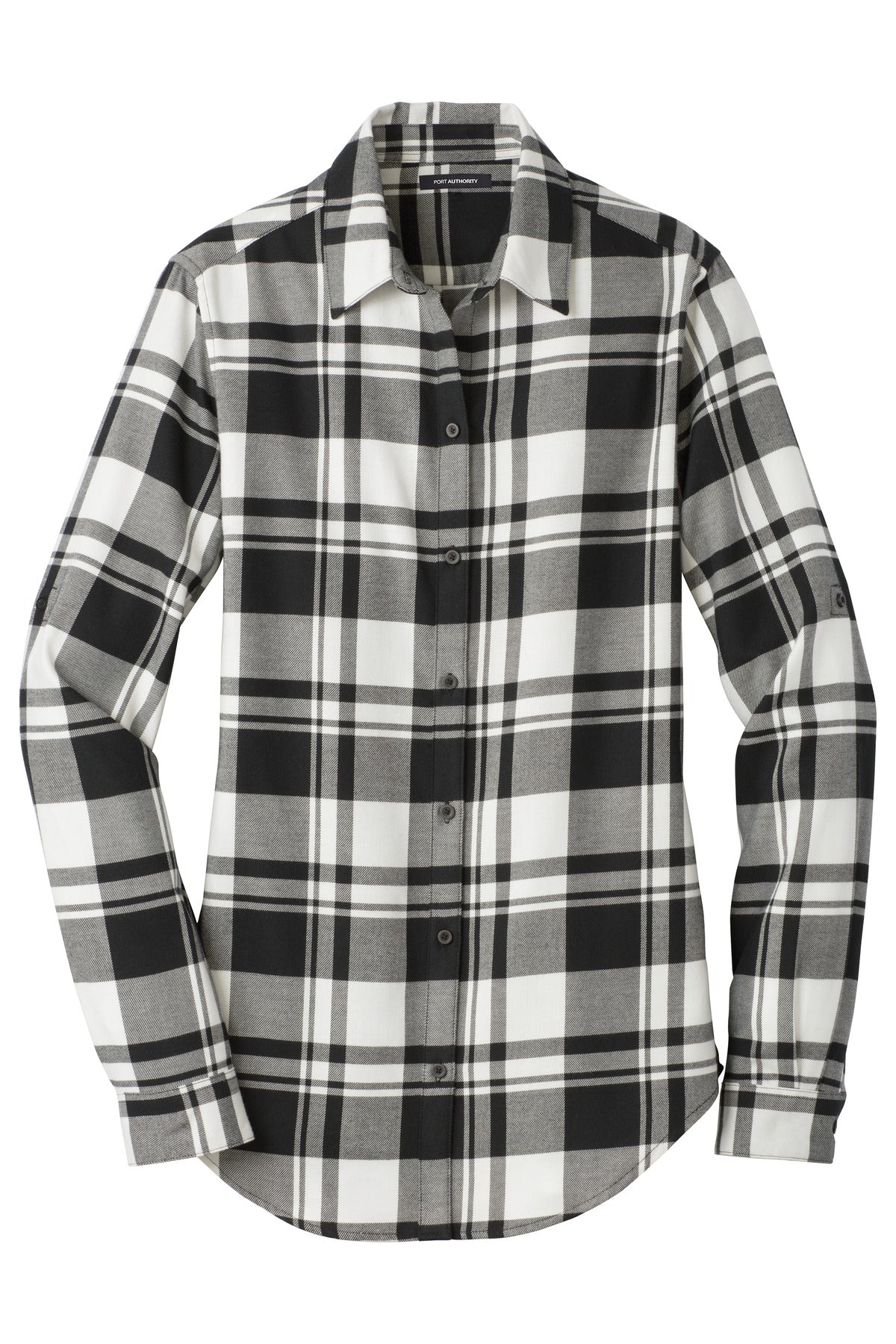 Front View of Snow White/Blk Port Authority Women's Plaid Flannel Tunic . LW668