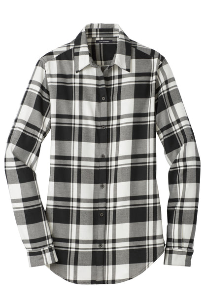 Front View of Snow White/Blk Port Authority Women's Plaid Flannel Tunic . LW668
