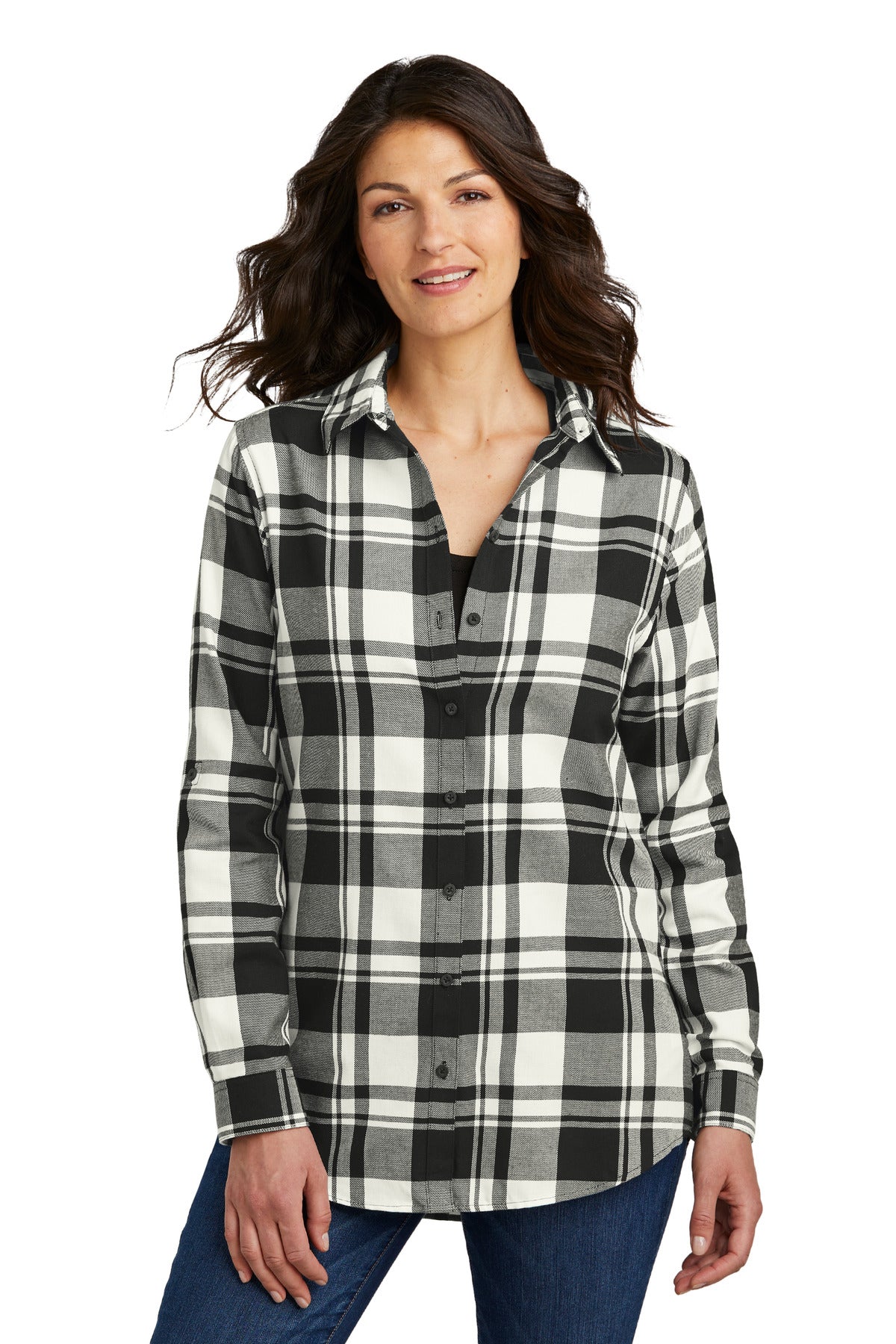Front View of Snow White/Blk Port Authority Women's Plaid Flannel Tunic . LW668