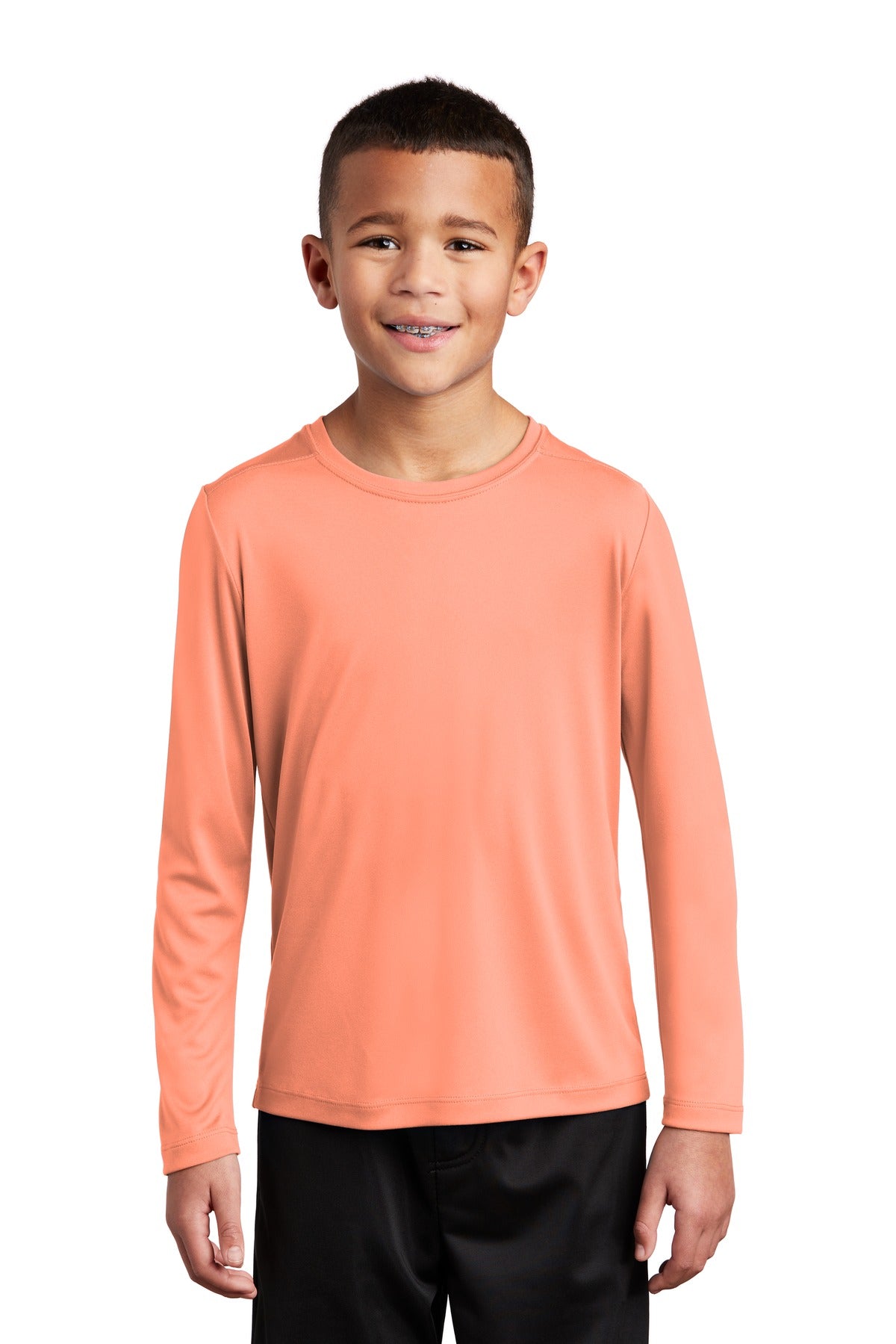 Front View of Soft Coral Sport-Tek Youth Posi-UV Pro Long Sleeve Tee. YST420LS