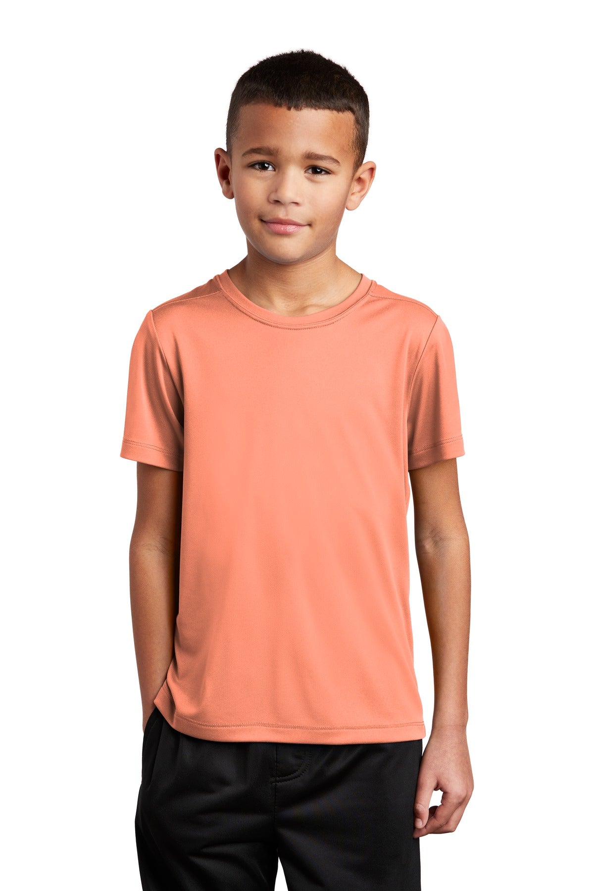 Front View of Soft Coral Sport-Tek Youth Posi-UV Pro Tee. YST420